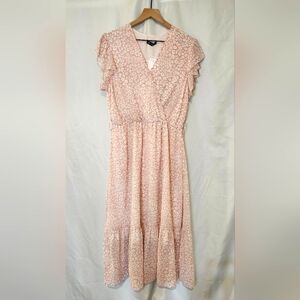 PrettyGarden NWT Women's Midi Dress Size‎ L Pink Animal Print Ruffle Cottagecore